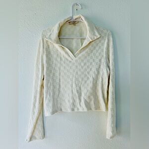 Atelier by Kirious Long Sleeve Cropped Checkered Weave Cream Sweater | Sz XL